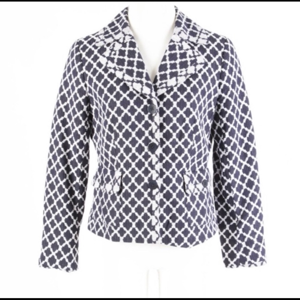 TALBOTS BLUE AND WHITE DIAMOND PATTERN BLAZER